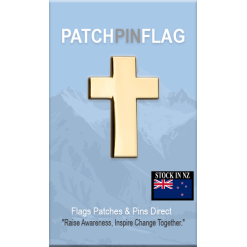 A gold cross lapel pin with a polished finish, designed for use as a badge, hat, tie, or brooch accessory. The cross features clean lines and a modern look, suitable for both formal and casual wear.
