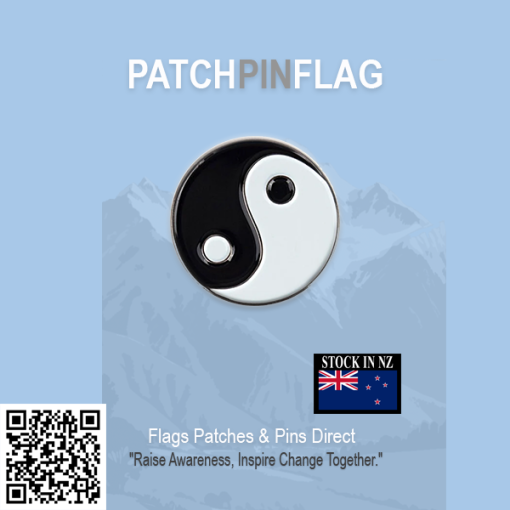 Yin Yang lapel pin: a symbol of balance and harmony, representing unity and inclusivity in LGBTQ+ pride. Black and white enamel design on a metal badge.