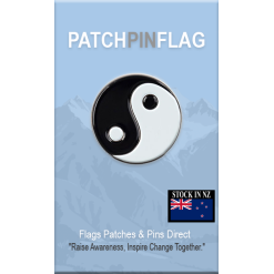 A Ying Yang lapel pin featuring a circular design with black and white halves, symbolizing balance.  Suitable for hats, ties, or lapels.