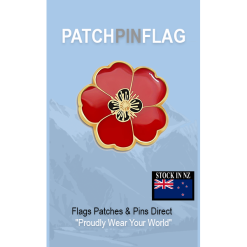A red poppy lapel pin with intricate petal detailing, symbolizing pride. The pin can be worn on a lapel, hat, tie, or as a brooch. It represents remembrance and support, often associated with veterans.
