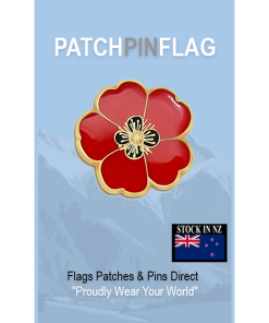 A red poppy lapel pin with intricate petal detailing, symbolizing pride. The pin can be worn on a lapel, hat, tie, or as a brooch. It represents remembrance and support, often associated with veterans.